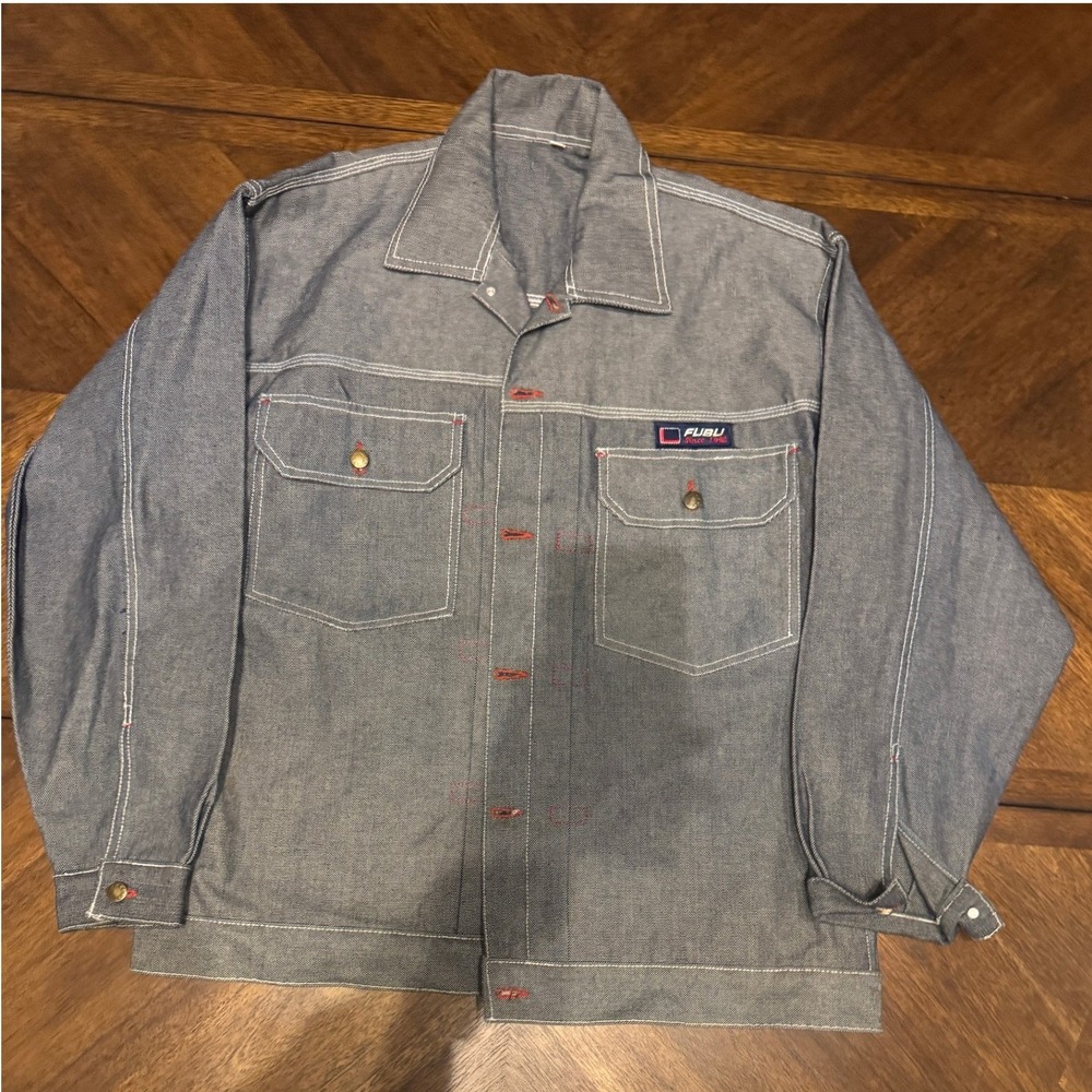 FUBU Denim Jacket XXL Blue White Stitching‎ Workwear Style